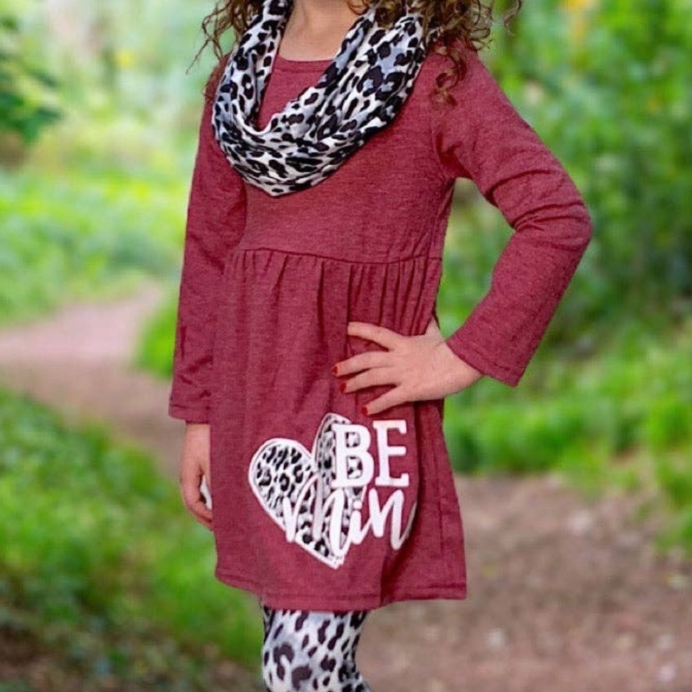 Be Mine Burgundy Long Sleeve Shirt with leopard print pants and scarf NWOT